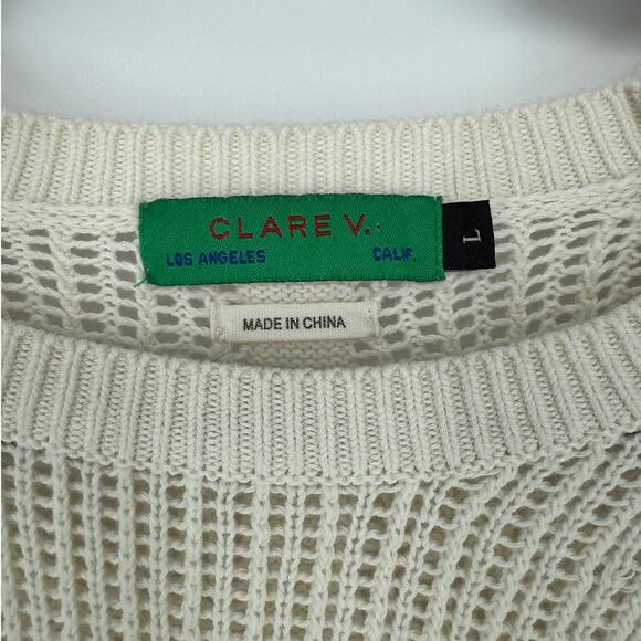 Clare V Sweater Raglan Open Weave Knit 100% Cotton Cream Neon Size Large L - Picture 4 of 9
